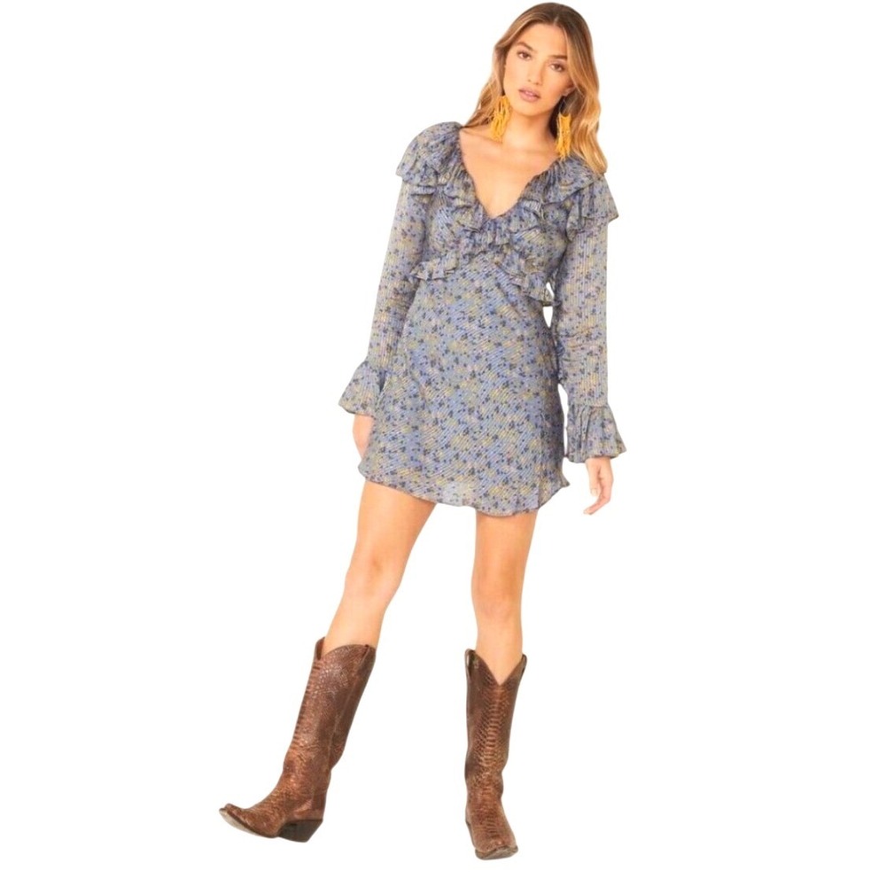 Free People Sweetest Thing Mini Dress Midnight Cowboy Blue Floral Ruffle Size 12 - Picture 7 of 15
